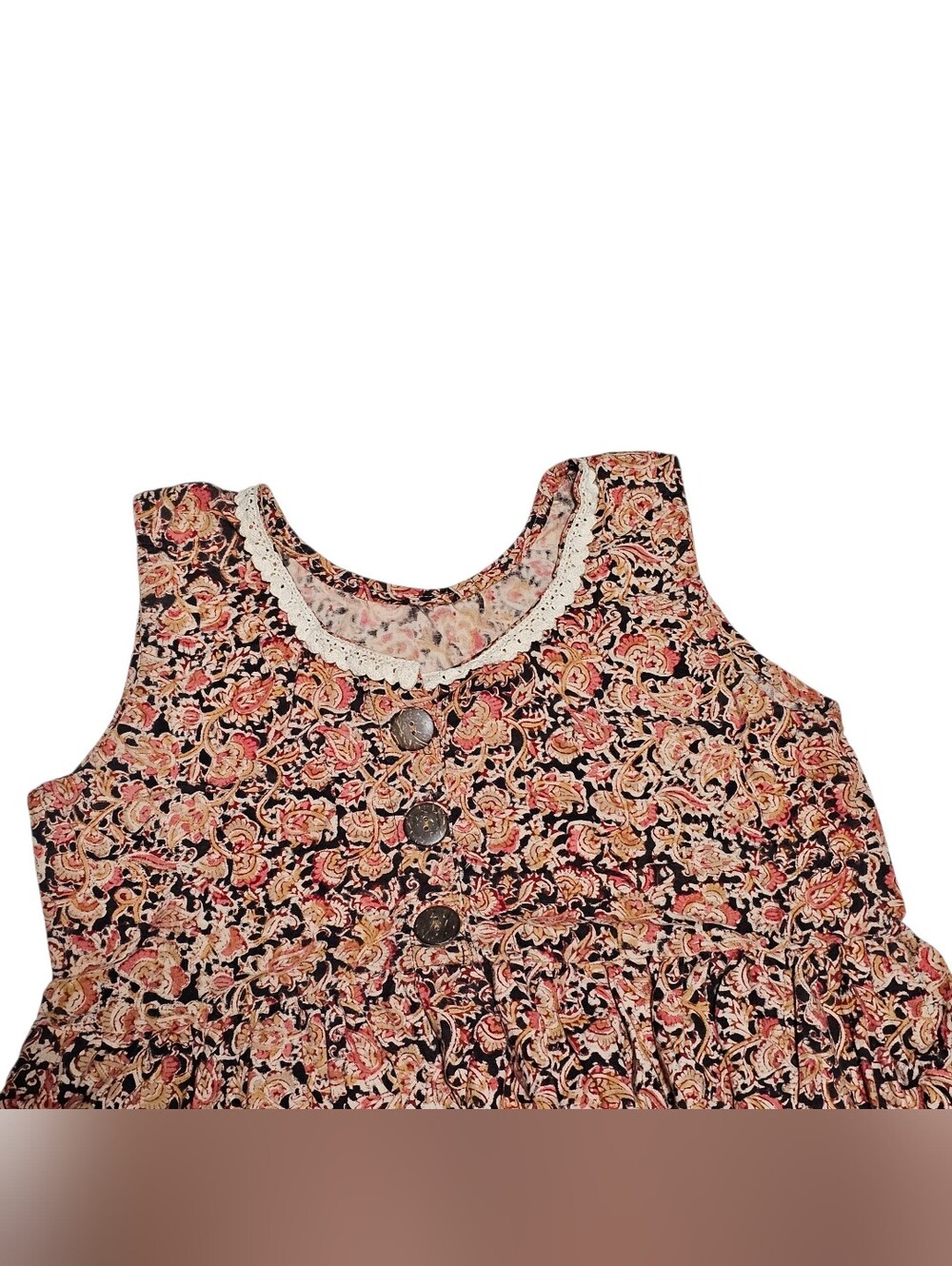 Vintage Paisley Floral Midi Dress Sleeveless Boho Lace Trim Multicolor Pattern - Picture 3 of 5